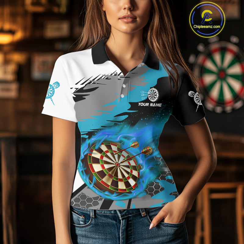 Blue Dartboard Fire Flame Paint Splash Dart Shirt Polo & 1/4 Zip For Women Custom Dart Team Jersey TDM4174