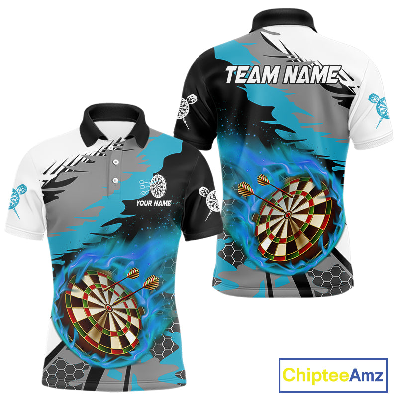Blue Dartboard Fire Flame Paint Splash Dart Shirt Polo & 1/4 Zip For Men Custom Dart Team Jersey TDM4174