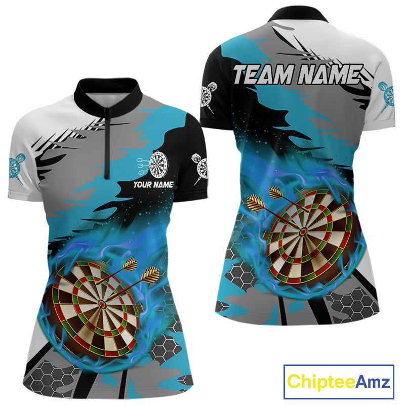 Blue Dartboard Fire Flame Paint Splash Dart Shirt Polo & 1/4 Zip For Women Custom Dart Team Jersey TDM4174