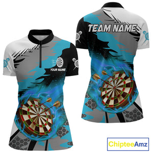 Blue Dartboard Fire Flame Paint Splash Dart Shirt Polo & 1/4 Zip For Women Custom Dart Team Jersey TDM4174