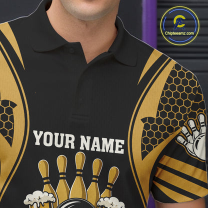 Close Up Of Black And Gold Tribal Beer Bowling Polo Shirt Collar Chest And Button Details