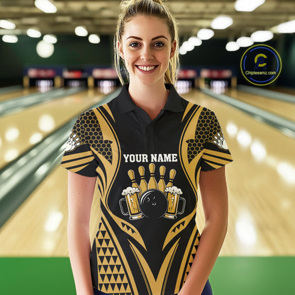 Woman Wearing Black And Gold Tribal Beer Bowling Polo Shirt Front View Custom Bowling Jersey