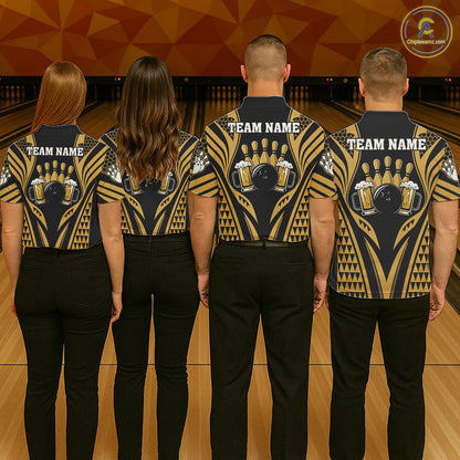 Bowling Team Wearing Black And Gold Tribal Beer Bowling Polo Shirts Back View