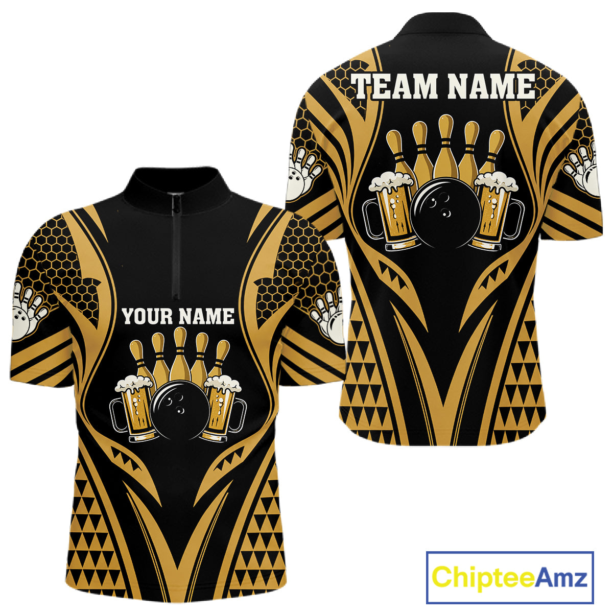 Black And Gold Tribal Beer Bowling Quarter Zip Shirt For Men Custom Bowling Team Jersey