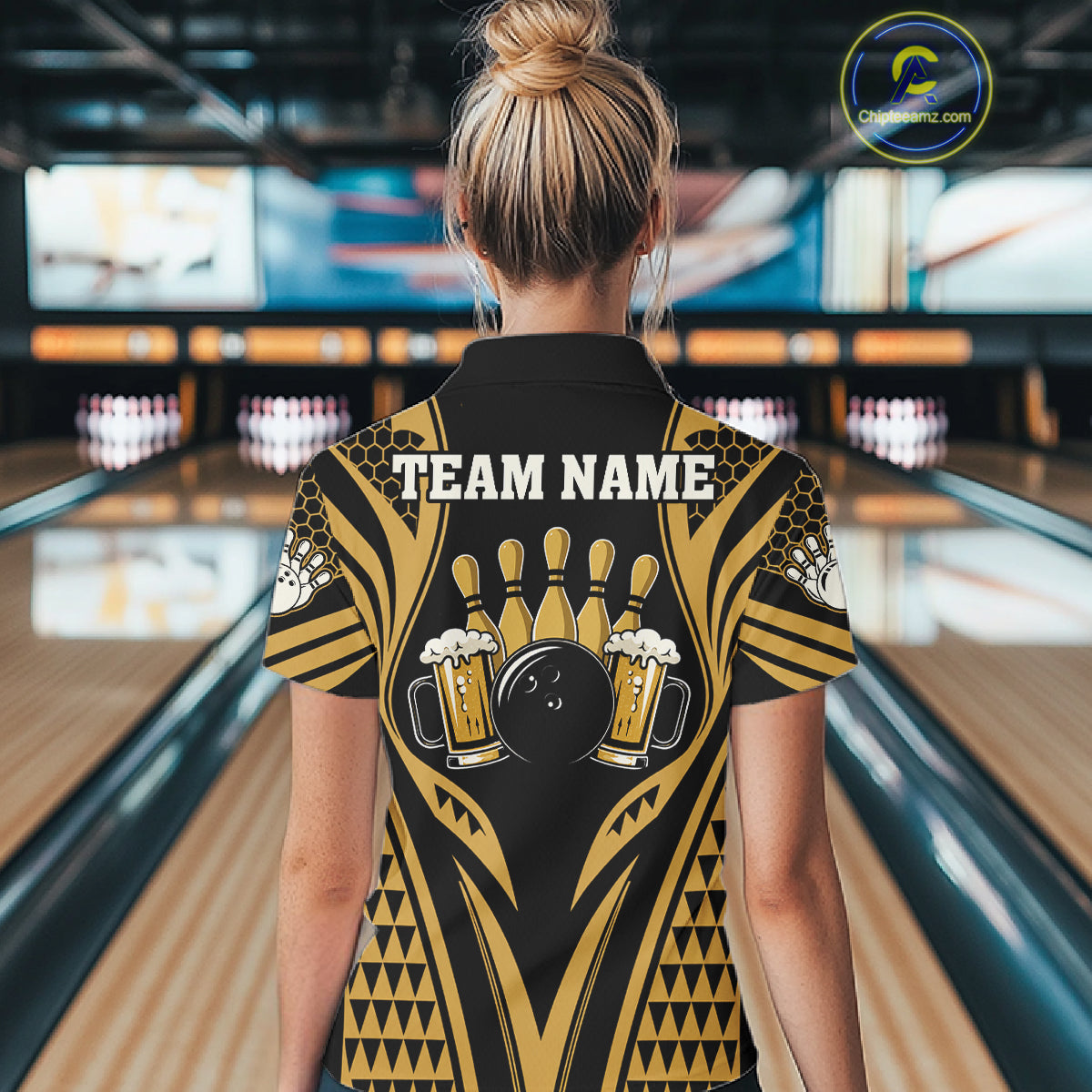 Woman Wearing Black And Gold Tribal Beer Bowling Polo Shirt Back View Bowling Team Jersey
