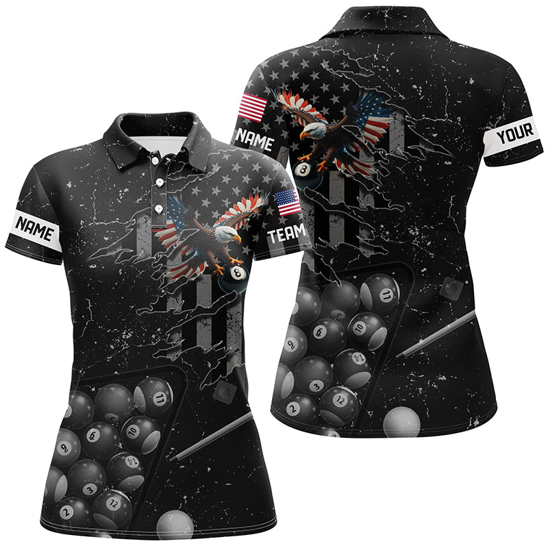 Customized Eagle Retro US Flag Black Billiard Shirts For Women, Best Patriotic Pool Player Shirts TDM2197