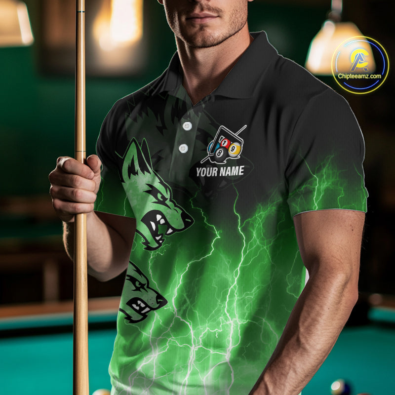 Custom Billiard Shirt For Men, Green Thunder Lightning Wolf Pool Balls Team Jersey Polo & 1/4 Zip TDM4560