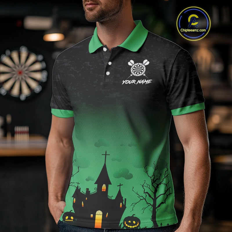 Custom Black And Green Halloween Darts Shirt For Men, Darts Jerseys Outfit Team Polo & 1/4 Zip TDM4566