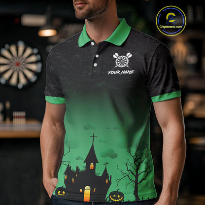 Custom Black And Green Halloween Darts Shirt For Men, Darts Jerseys Outfit Team Polo & 1/4 Zip TDM4566