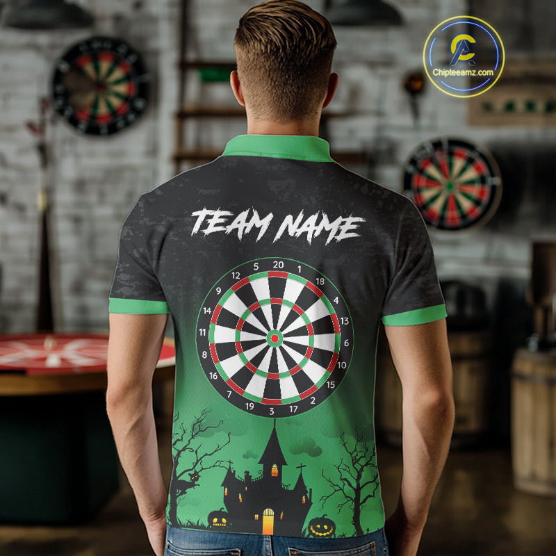 Custom Black And Green Halloween Darts Shirt For Men, Darts Jerseys Outfit Team Polo & 1/4 Zip TDM4566