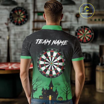 Custom Black And Green Halloween Darts Shirt For Men, Darts Jerseys Outfit Team Polo & 1/4 Zip TDM4566