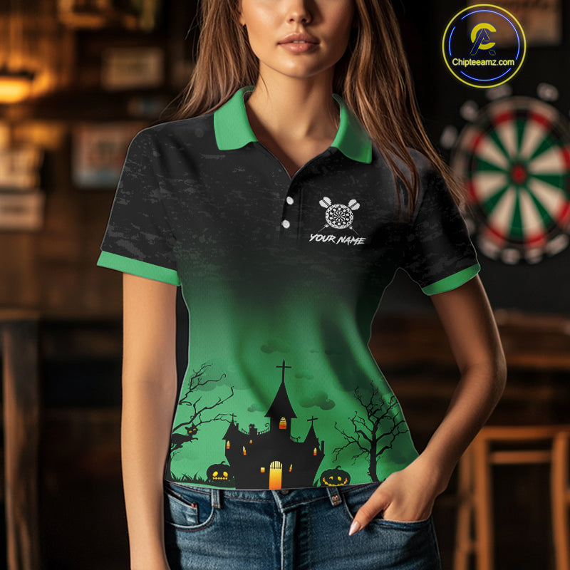 Custom Black And Green Halloween Darts Shirt For Women, Darts Jerseys Outfit Team Polo & 1/4 Zip TDM4566