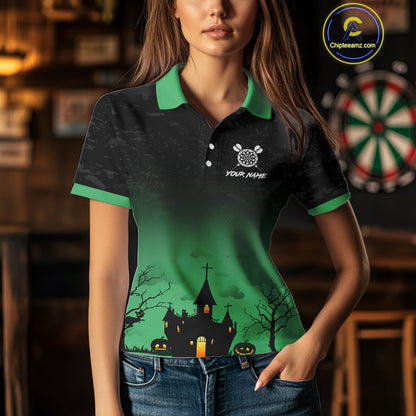 Custom Black And Green Halloween Darts Shirt For Women, Darts Jerseys Outfit Team Polo & 1/4 Zip TDM4566