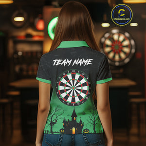Custom Black And Green Halloween Darts Shirt For Women, Darts Jerseys Outfit Team Polo & 1/4 Zip TDM4566