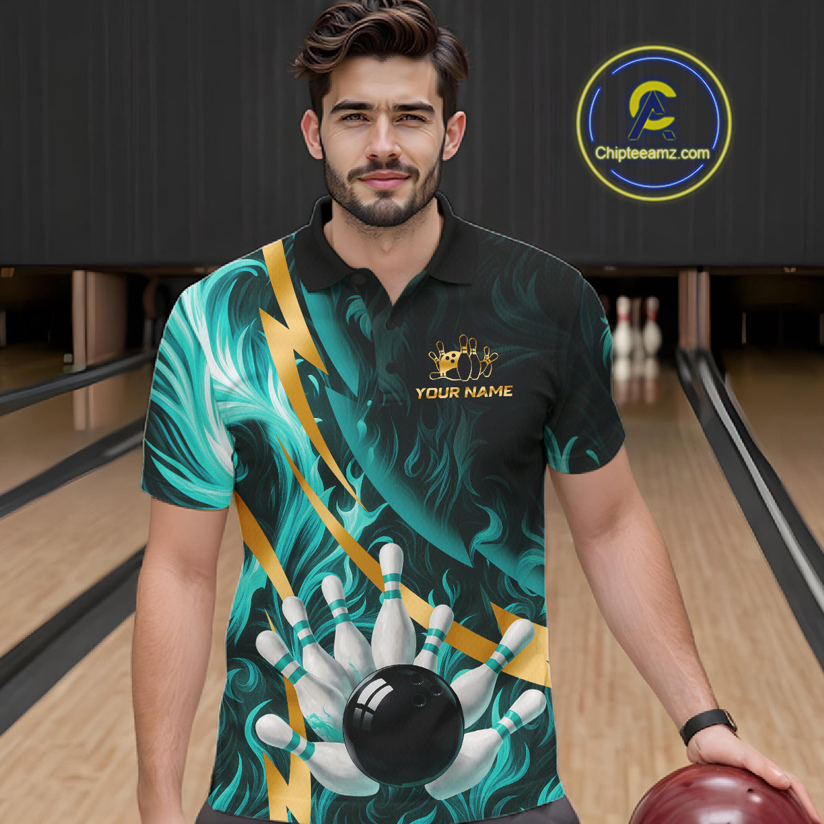 Personalized Teal Flame And Gold Bowling Shirts For Men Custom Bowling Team Jersey Polo & 1/4 Zip TDM7481