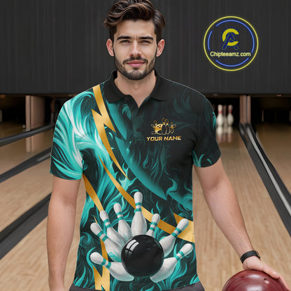 Personalized Teal Flame And Gold Bowling Shirts For Men Custom Bowling Team Jersey Polo & 1/4 Zip TDM7481