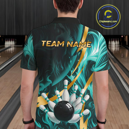 Personalized Teal Flame And Gold Bowling Shirts For Men Custom Bowling Team Jersey Polo & 1/4 Zip TDM7481