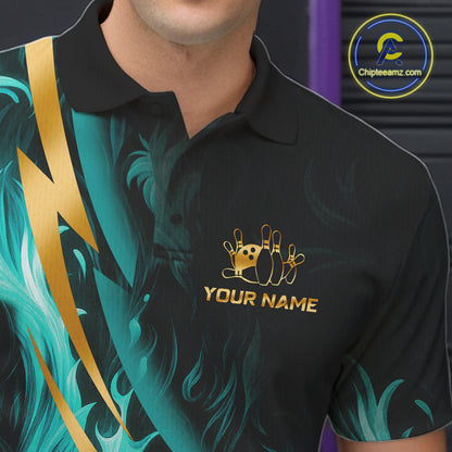 Personalized Teal Flame And Gold Bowling Shirts For Men Custom Bowling Team Jersey Polo & 1/4 Zip TDM7481