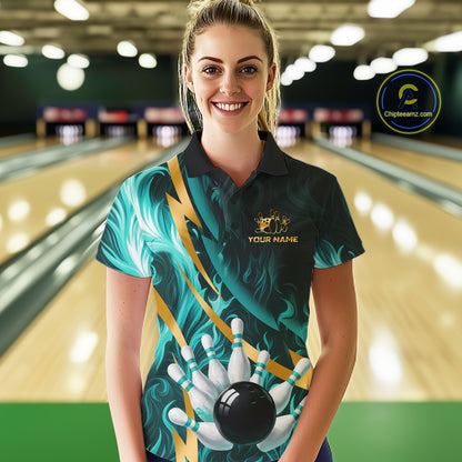 Personalized Teal Flame And Gold Bowling Shirts For Women Custom Bowling Team Jersey Polo & 1/4 Zip TDM7481