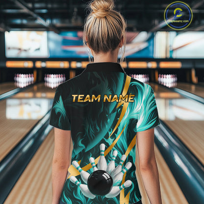 Personalized Teal Flame And Gold Bowling Shirts For Women Custom Bowling Team Jersey Polo & 1/4 Zip TDM7481