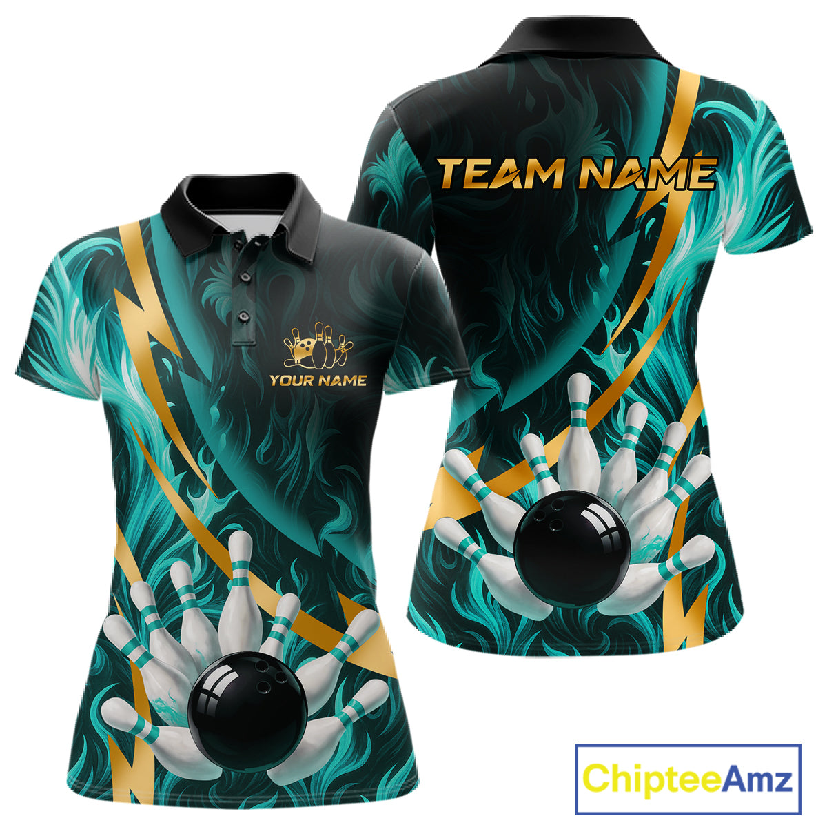 Personalized Teal Flame And Gold Bowling Shirts For Women Custom Bowling Team Jersey Polo & 1/4 Zip TDM7481