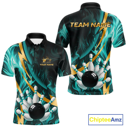 Personalized Teal Flame And Gold Bowling Shirts For Men Custom Bowling Team Jersey Polo & 1/4 Zip TDM7481