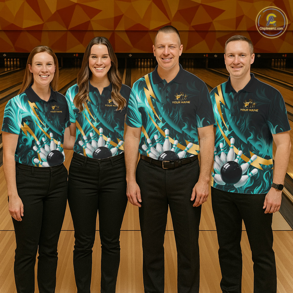 Personalized Teal Flame And Gold Bowling Shirts For Men Custom Bowling Team Jersey Polo & 1/4 Zip TDM7481