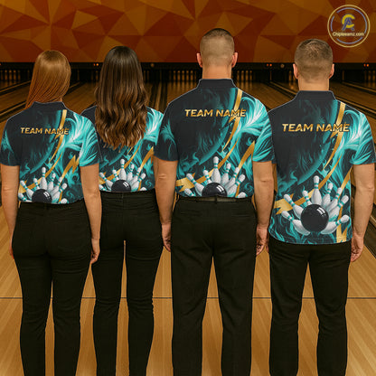 Personalized Teal Flame And Gold Bowling Shirts For Men Custom Bowling Team Jersey Polo & 1/4 Zip TDM7481