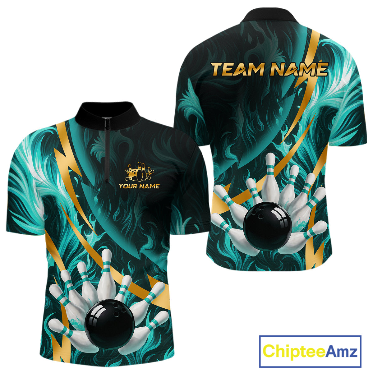 Personalized Teal Flame And Gold Bowling Shirts For Men Custom Bowling Team Jersey Polo & 1/4 Zip TDM7481
