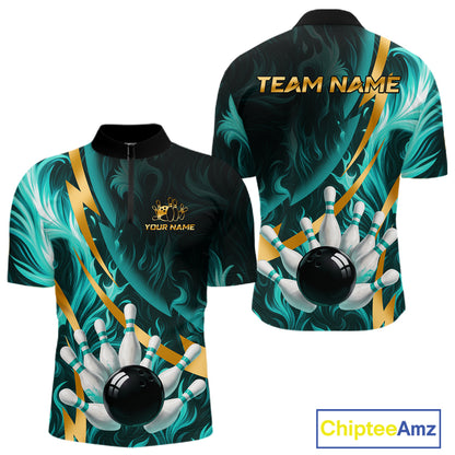 Personalized Teal Flame And Gold Bowling Shirts For Men Custom Bowling Team Jersey Polo & 1/4 Zip TDM7481