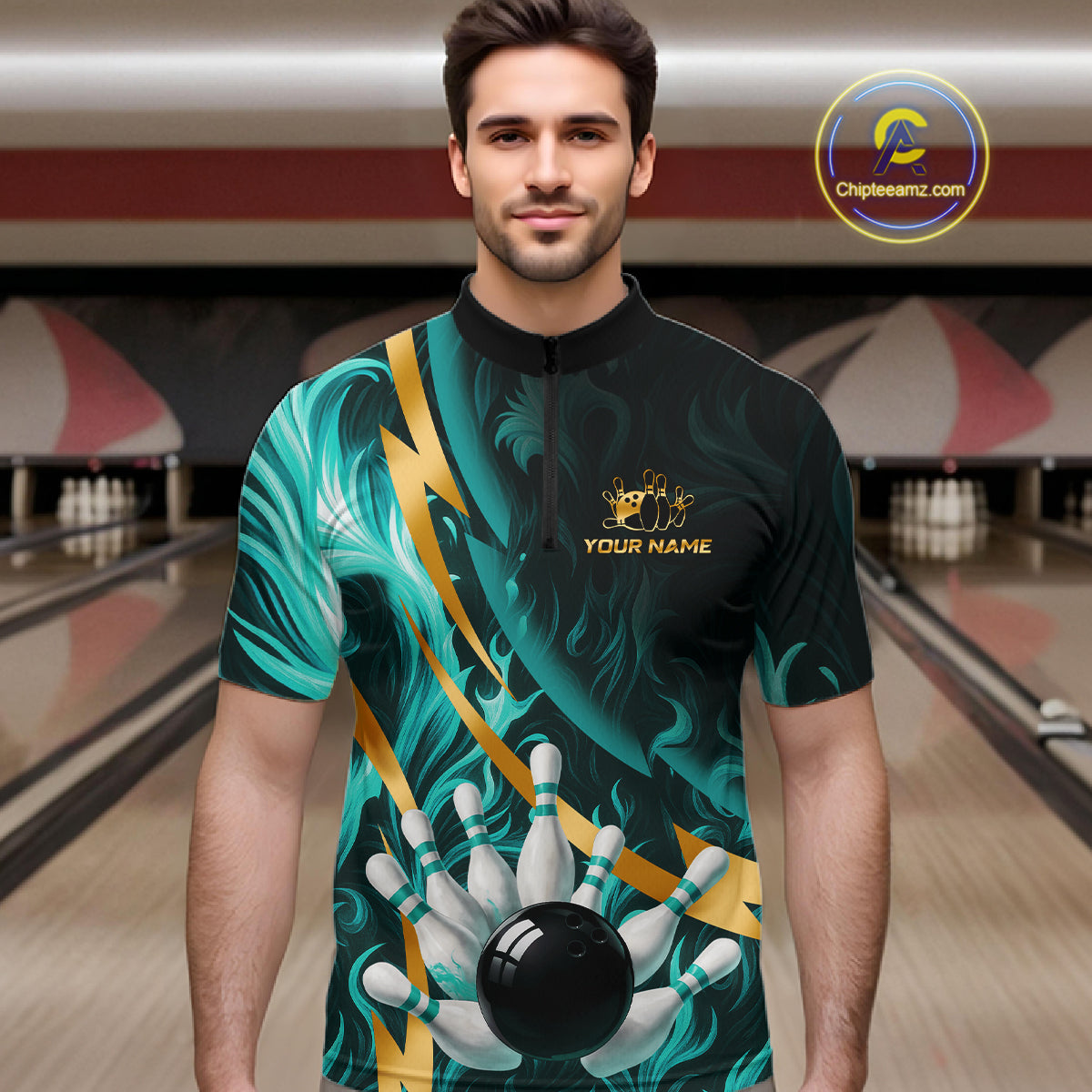 Personalized Teal Flame And Gold Bowling Shirts For Men Custom Bowling Team Jersey Polo & 1/4 Zip TDM7481