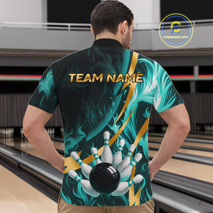 Personalized Teal Flame And Gold Bowling Shirts For Men Custom Bowling Team Jersey Polo & 1/4 Zip TDM7481