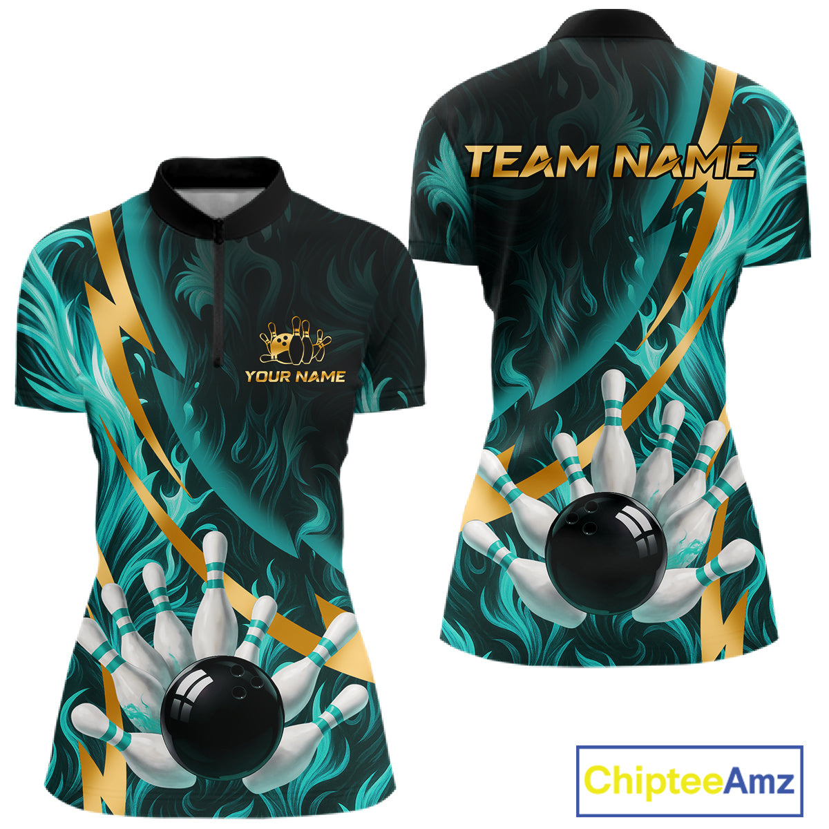 Personalized Teal Flame And Gold Bowling Shirts For Women Custom Bowling Team Jersey Polo & 1/4 Zip TDM7481