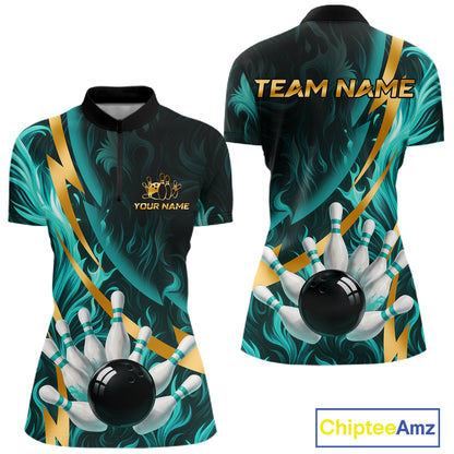 Personalized Teal Flame And Gold Bowling Shirts For Women Custom Bowling Team Jersey Polo & 1/4 Zip TDM7481
