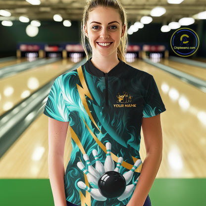 Personalized Teal Flame And Gold Bowling Shirts For Women Custom Bowling Team Jersey Polo & 1/4 Zip TDM7481