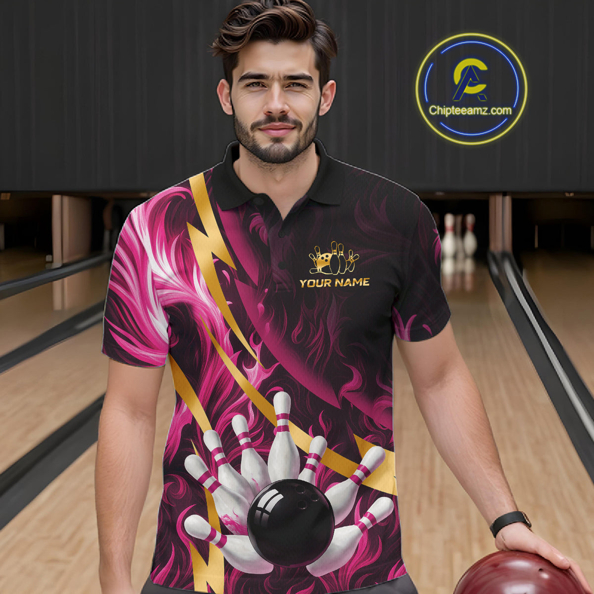 Personalized Pink Flame And Gold Bowling Shirts For Men Custom Bowling Team Jersey Polo & 1/4 Zip TDM7482