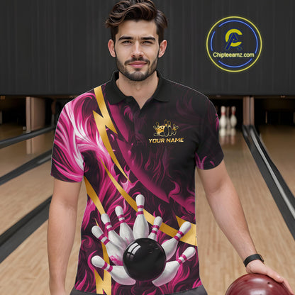 Personalized Pink Flame And Gold Bowling Shirts For Men Custom Bowling Team Jersey Polo & 1/4 Zip TDM7482