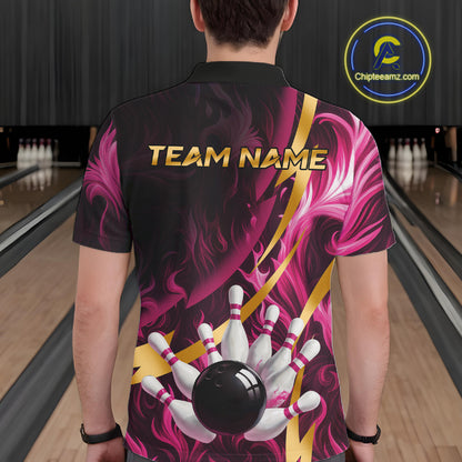 Personalized Pink Flame And Gold Bowling Shirts For Men Custom Bowling Team Jersey Polo & 1/4 Zip TDM7482