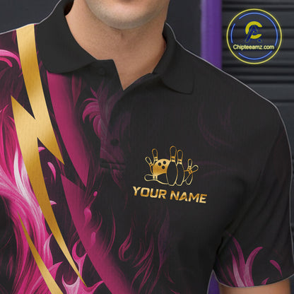Personalized Pink Flame And Gold Bowling Shirts For Men Custom Bowling Team Jersey Polo & 1/4 Zip TDM7482
