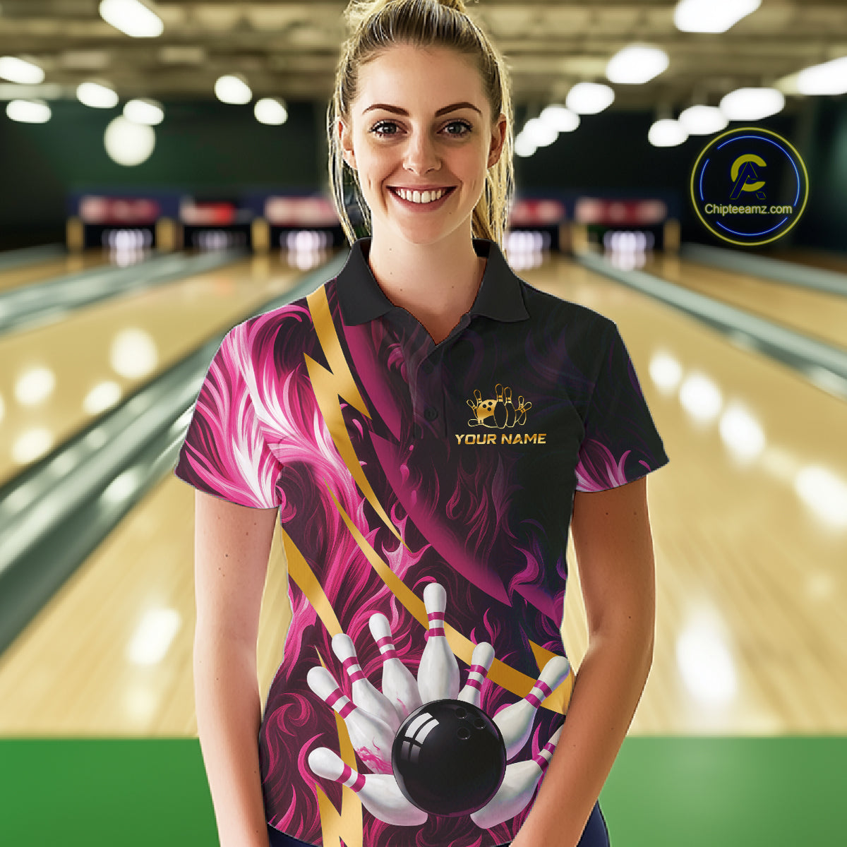 Personalized Pink Flame And Gold Bowling Shirts For Women Custom Bowling Team Jersey Polo & 1/4 Zip TDM7482