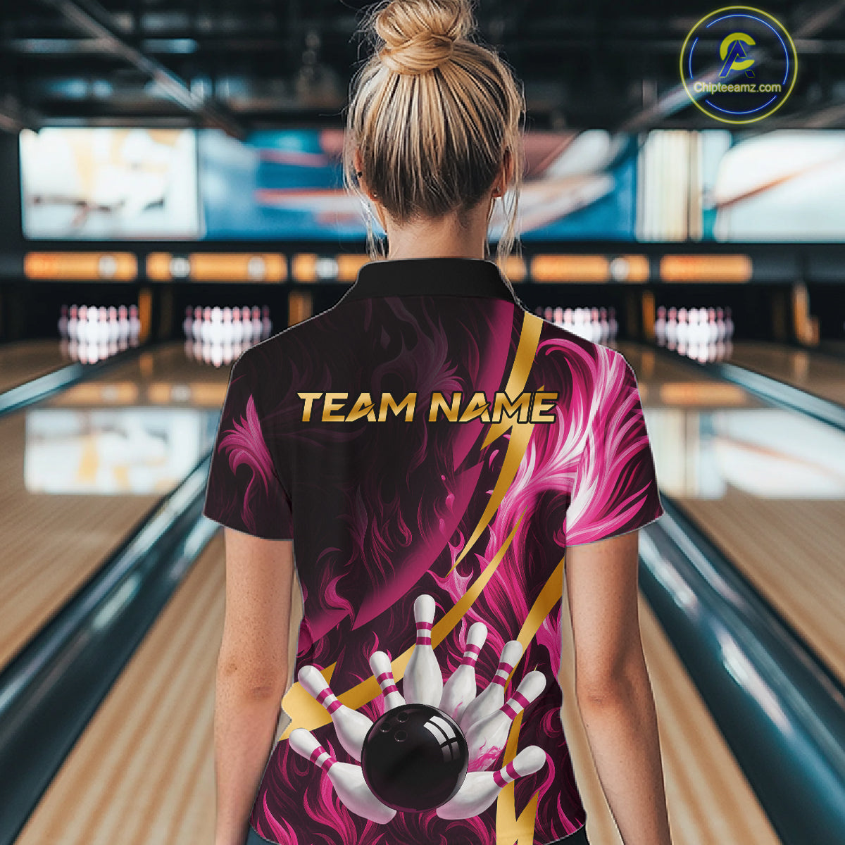Personalized Pink Flame And Gold Bowling Shirts For Women Custom Bowling Team Jersey Polo & 1/4 Zip TDM7482
