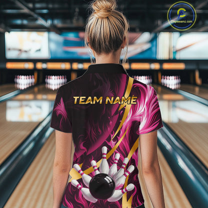 Personalized Pink Flame And Gold Bowling Shirts For Women Custom Bowling Team Jersey Polo & 1/4 Zip TDM7482