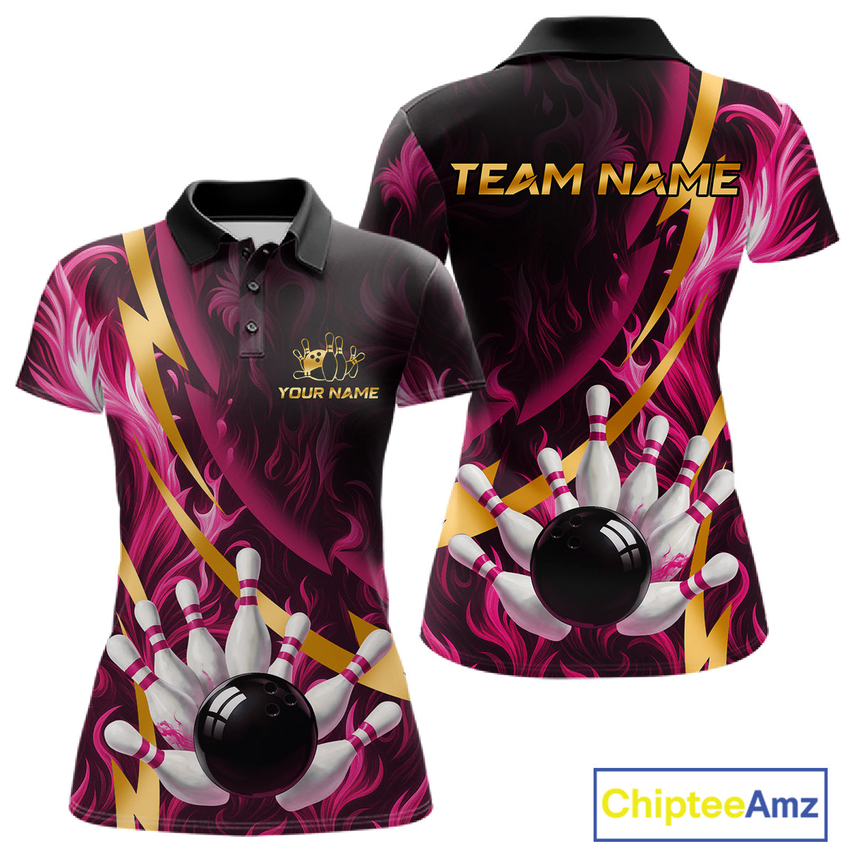 Personalized Pink Flame And Gold Bowling Shirts For Women Custom Bowling Team Jersey Polo & 1/4 Zip TDM7482