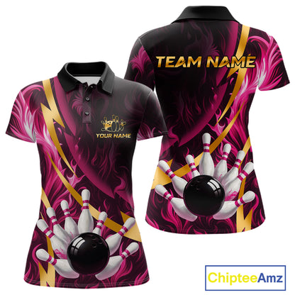 Personalized Pink Flame And Gold Bowling Shirts For Women Custom Bowling Team Jersey Polo & 1/4 Zip TDM7482