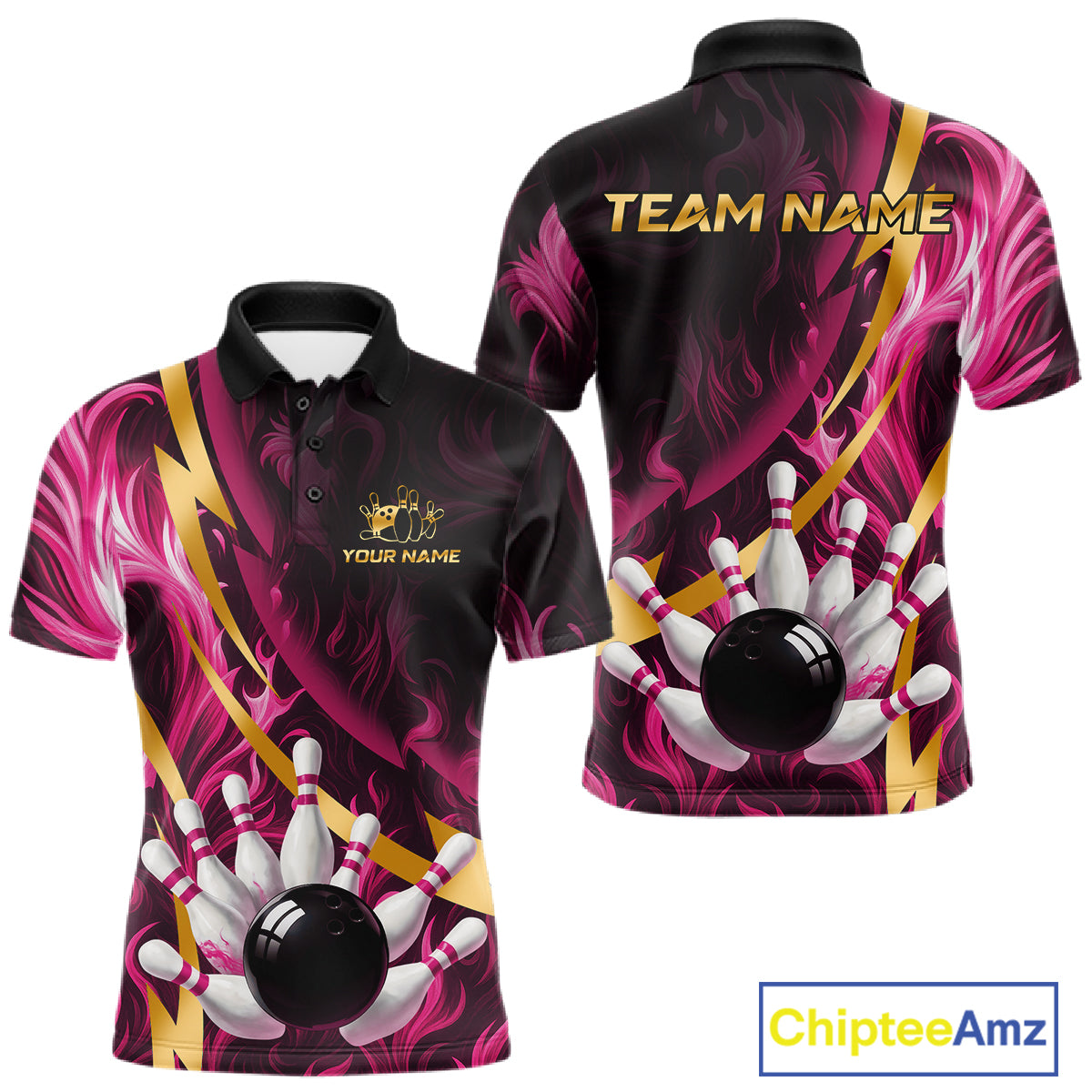 Personalized Pink Flame And Gold Bowling Shirts For Men Custom Bowling Team Jersey Polo & 1/4 Zip TDM7482