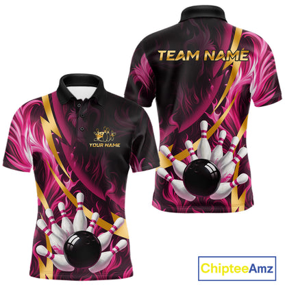 Personalized Pink Flame And Gold Bowling Shirts For Men Custom Bowling Team Jersey Polo & 1/4 Zip TDM7482
