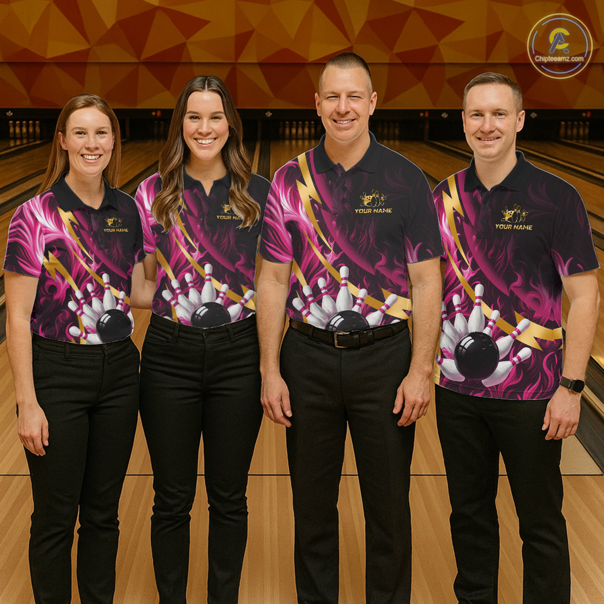 Personalized Pink Flame And Gold Bowling Shirts For Men Custom Bowling Team Jersey Polo & 1/4 Zip TDM7482