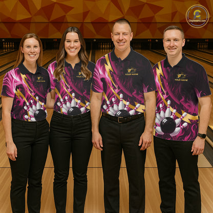 Personalized Pink Flame And Gold Bowling Shirts For Men Custom Bowling Team Jersey Polo & 1/4 Zip TDM7482