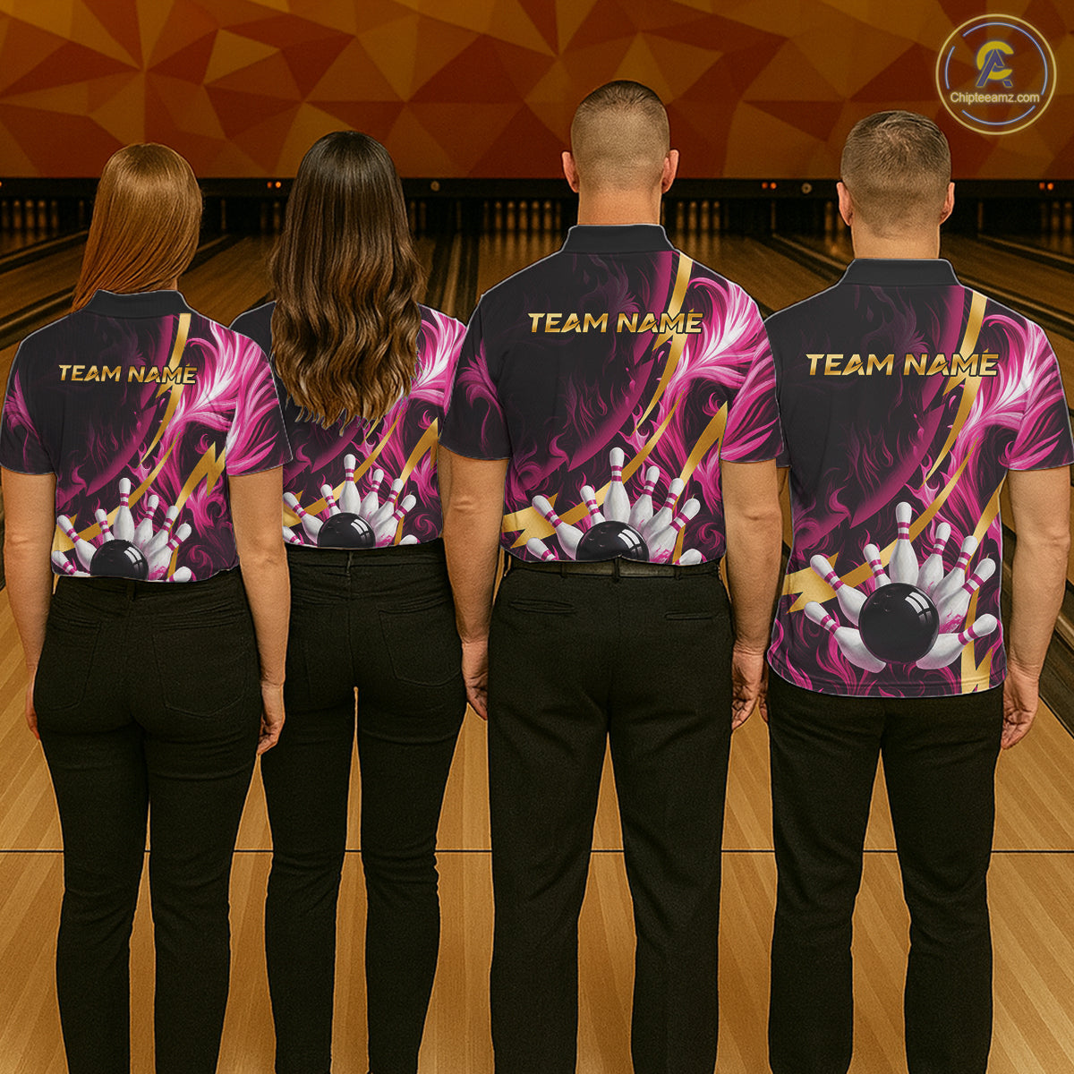 Personalized Pink Flame And Gold Bowling Shirts For Men Custom Bowling Team Jersey Polo & 1/4 Zip TDM7482