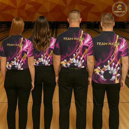Personalized Pink Flame And Gold Bowling Shirts For Men Custom Bowling Team Jersey Polo & 1/4 Zip TDM7482